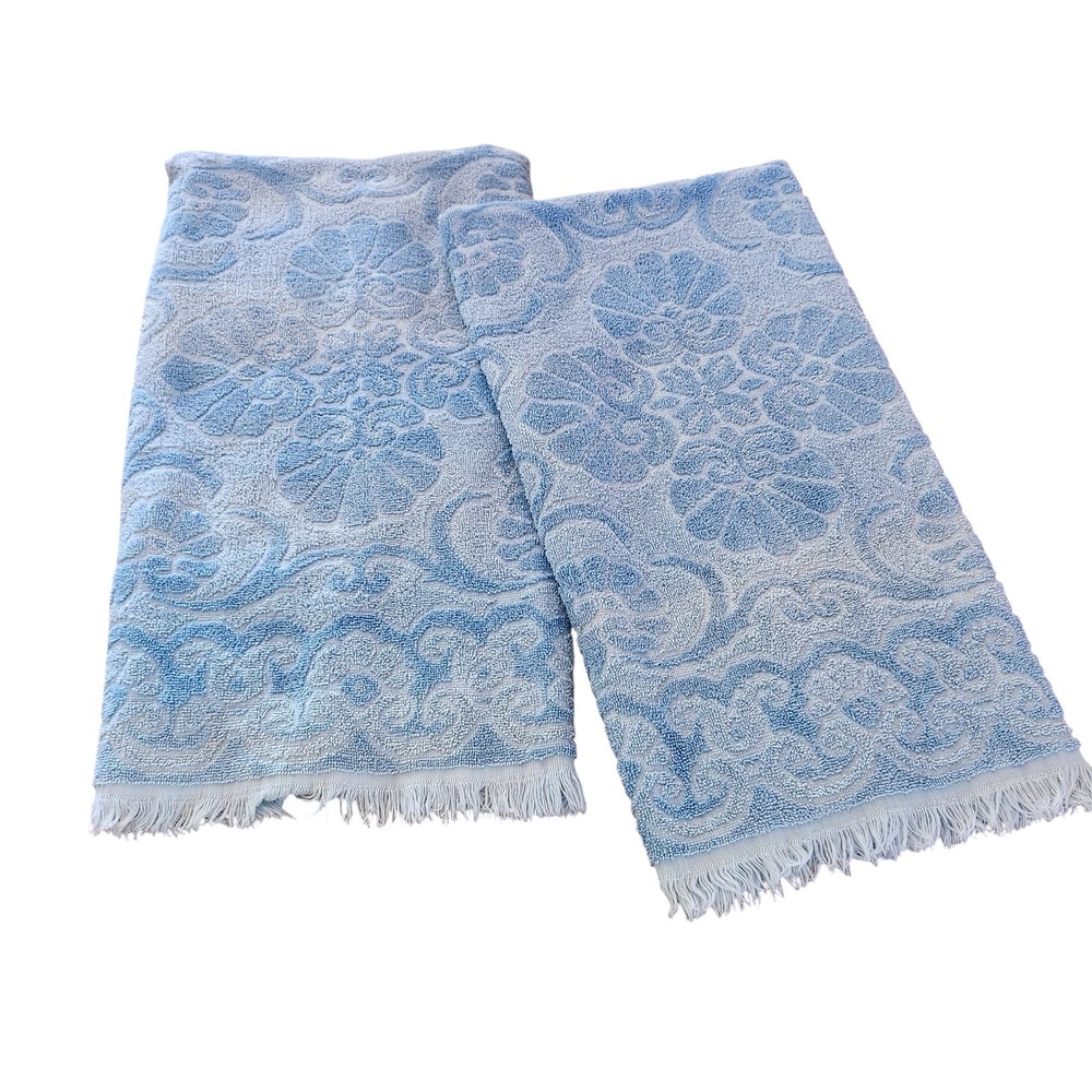 Vintage Fieldcrest Bath Towels Set of 2 Blue White Sculpted Fringed USA